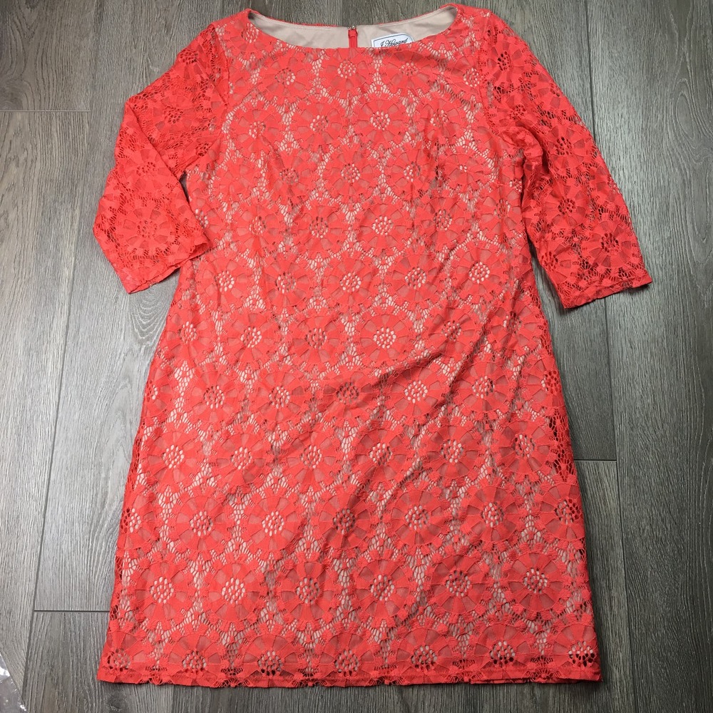 Jessica Howard All Over Lace Overlay Shift Dress 3/4 Sleeve Coral Orange Size 16